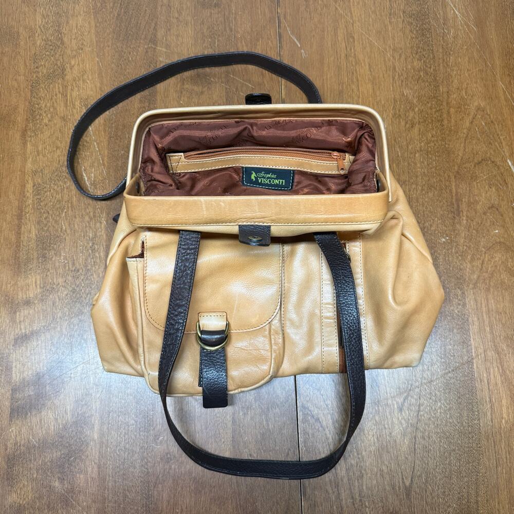 Sophia Visconti Camel Tan Leather Doctor Bag Shoulder Purse Brown